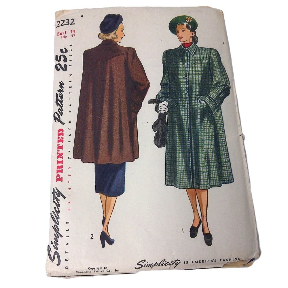 Vtg 1947 Simplicity 2232 Swing Coat Sewing Pattern Front/Back Variations Volup